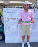 Single male golfer posing with 18" Mini Golf Championship Belt